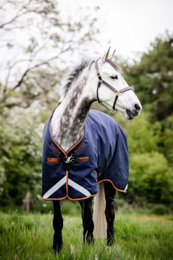 Online horseware Rambo Original utedekken med beinbuer, 100 gram Navy/Orange/TanBrown