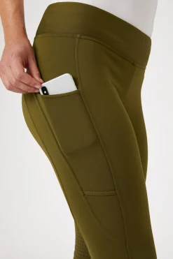 Sale horze Active helforsterkede ridetights til vinteren med knegrip og telefonlomme OliveDrab
