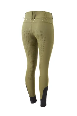 Sale horze ridebukser med full grip, høyt liv og krystaller til dame WinterMossGreen